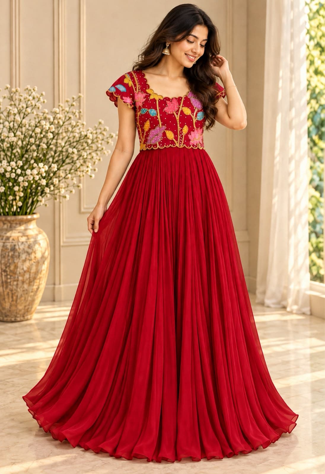 Laila Floral Dress in ruby, worn with confidence